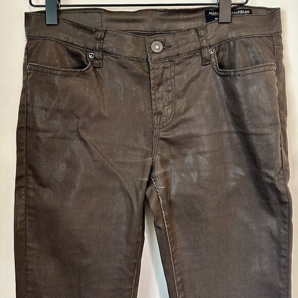 AllSaints Spitalfields Chocolate Brown Wax Coated Zipper Skinny Jeans - Size 27 - Picture 4 of 9